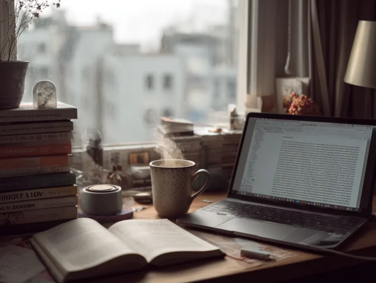 Person typing on a laptop with grammar books and a coffee mug nearby representing modern, flexible English writing.
